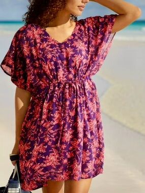 Lands' End Purple Floral Swim Coverup with Pink Print